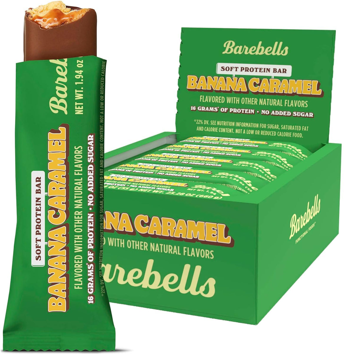 Barebells Soft Bars Banana Caramel pack, convenient high-protein snack.