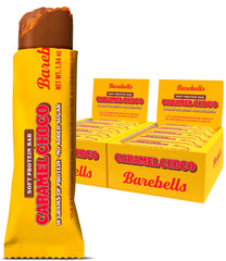 Barebells Soft Protein Bar Caramel Choco packaging shows a 24-bar pack for gym-ready snacking.