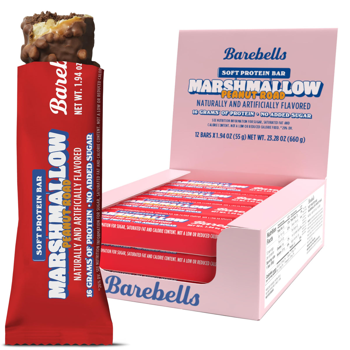 Barebells Soft Protein Bar Marshmallow Peanut Road with fluffy center and caramel drizzle for a snack-ready treat.