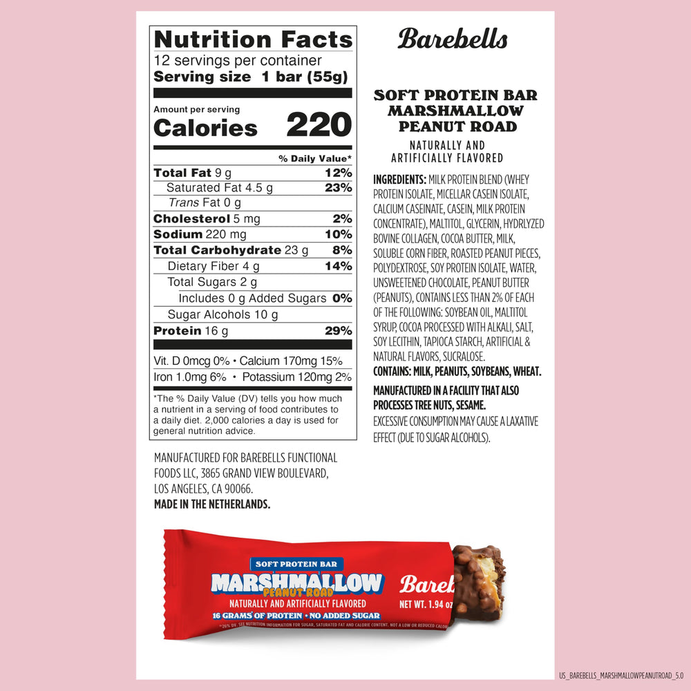 Barebells Soft Protein Bar Marshmallow Peanut Road shows caramel drizzle and peanuts for a satisfying bite.