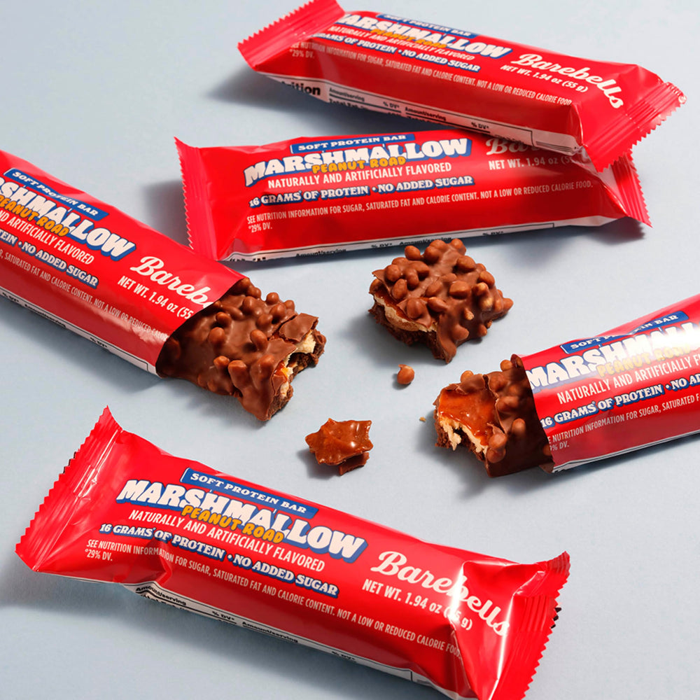 Barebells on-the-go high-protein snack with marshmallow center and chocolate coating for quick satisfaction.