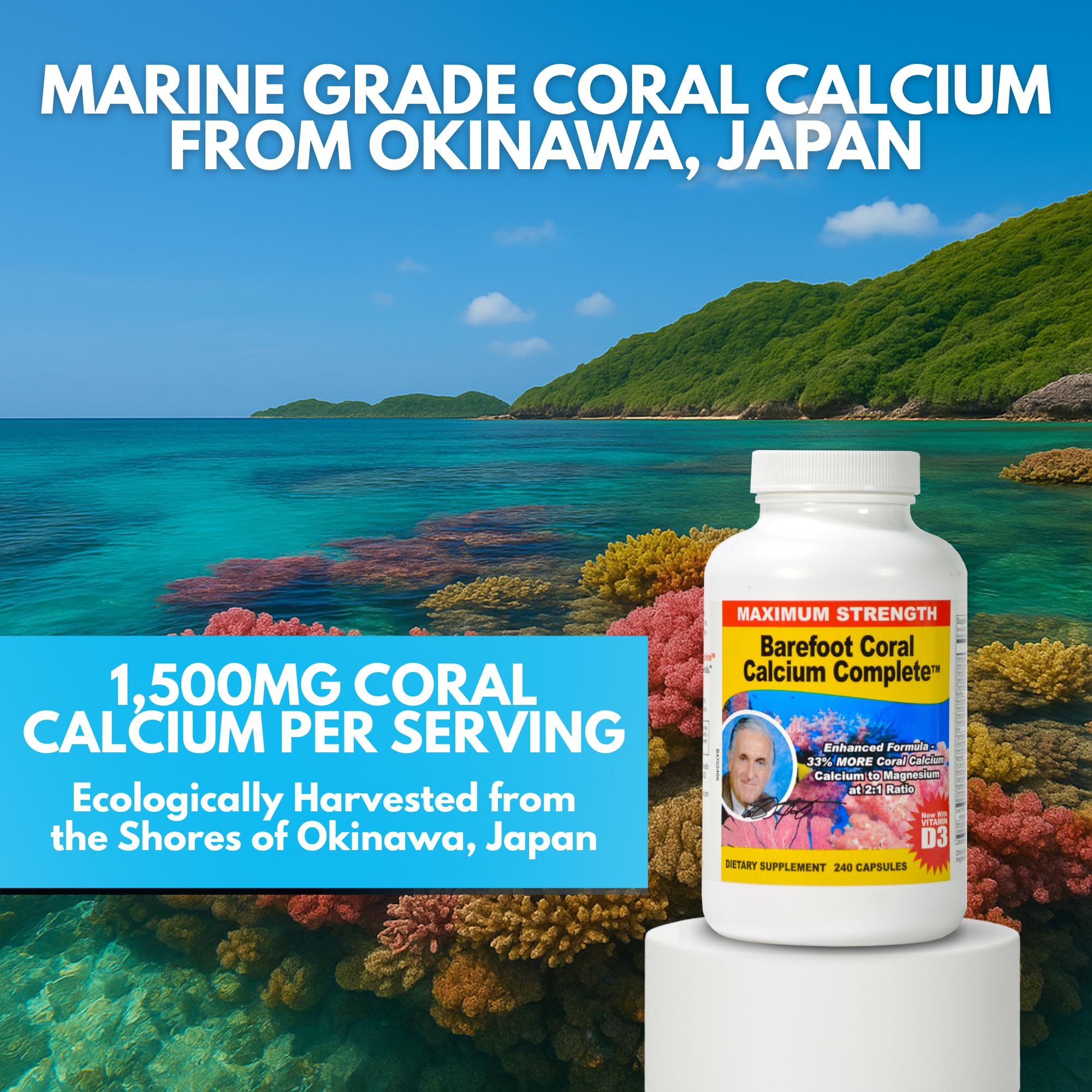 Barefoot Coral Calcium Complete bottle open with capsules poured, ready for a daily dose.