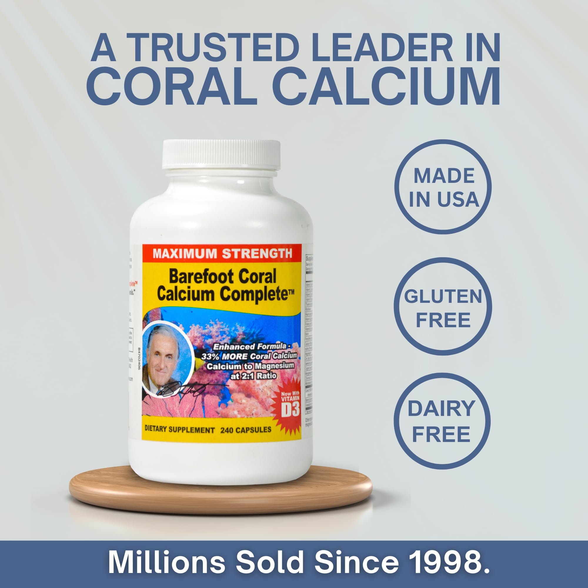 Barefoot Coral Calcium Complete bottle on a surface, suitable for a daily supplement routine.