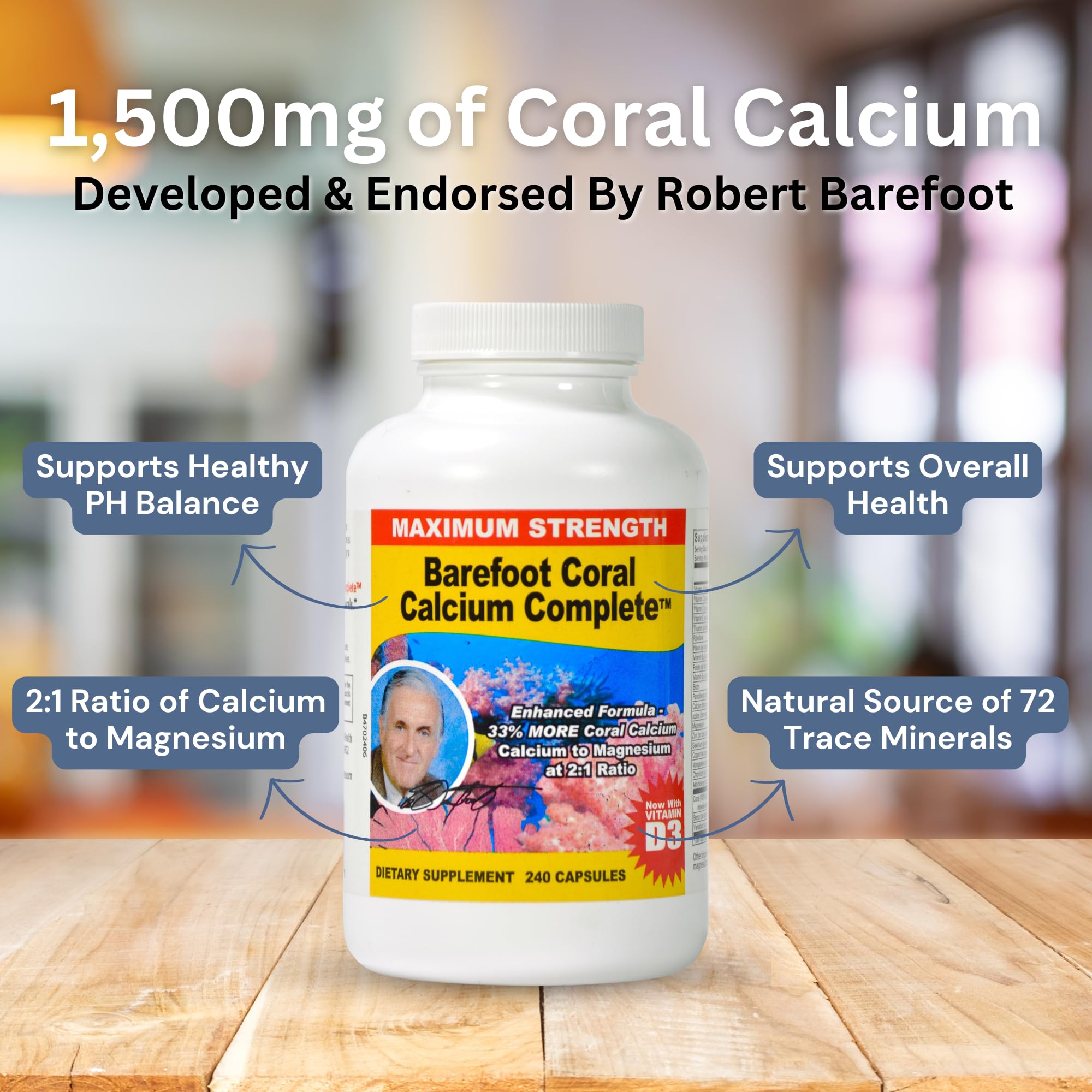 Barefoot Coral Calcium Complete ph balance graphic illustrating natural alkalizing support.