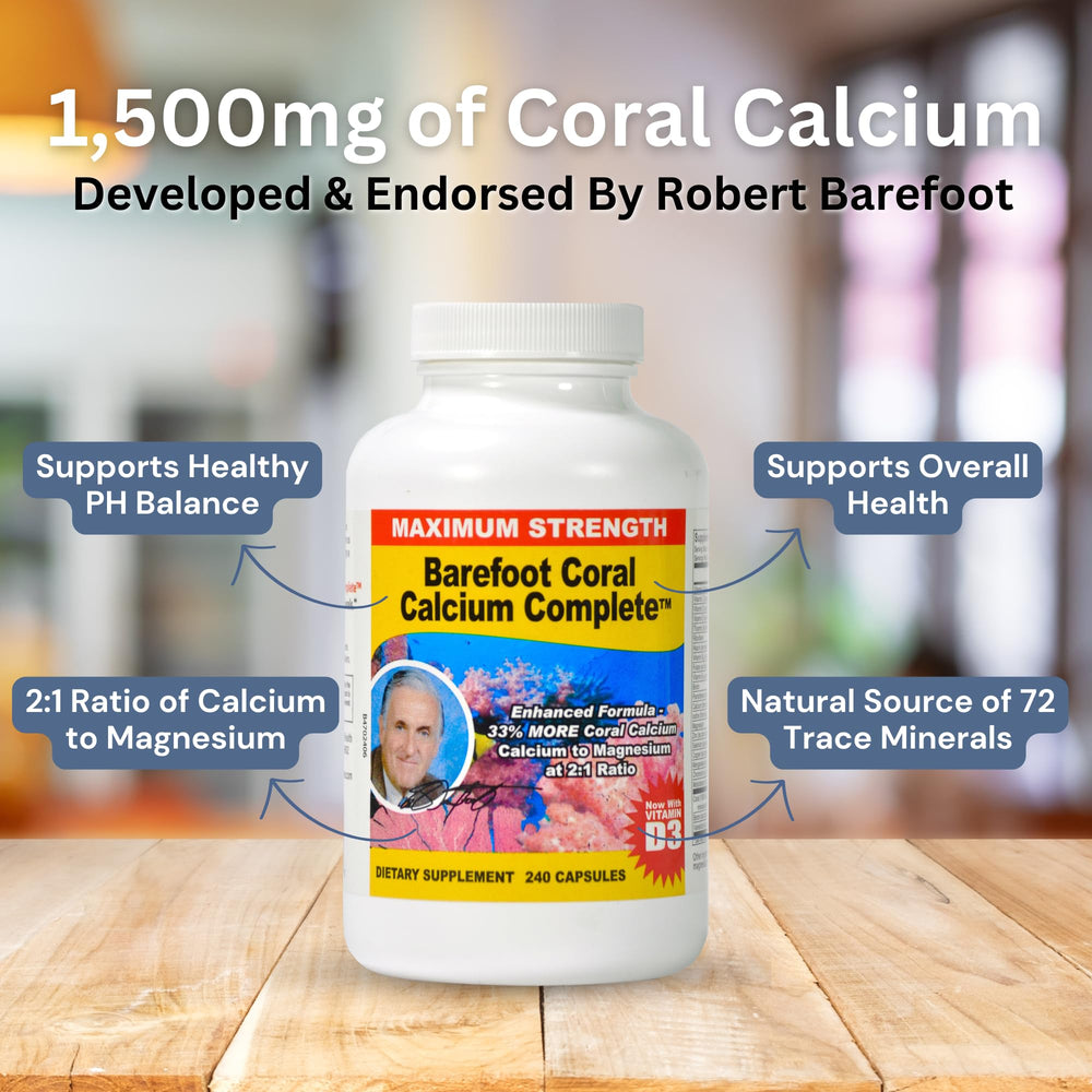 Barefoot Coral Calcium Complete ph balance graphic illustrating natural alkalizing support.