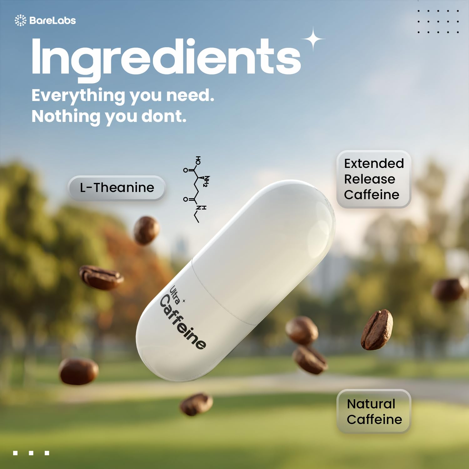 BareLabs bottle-with-glass energy scene for all-day alertness.