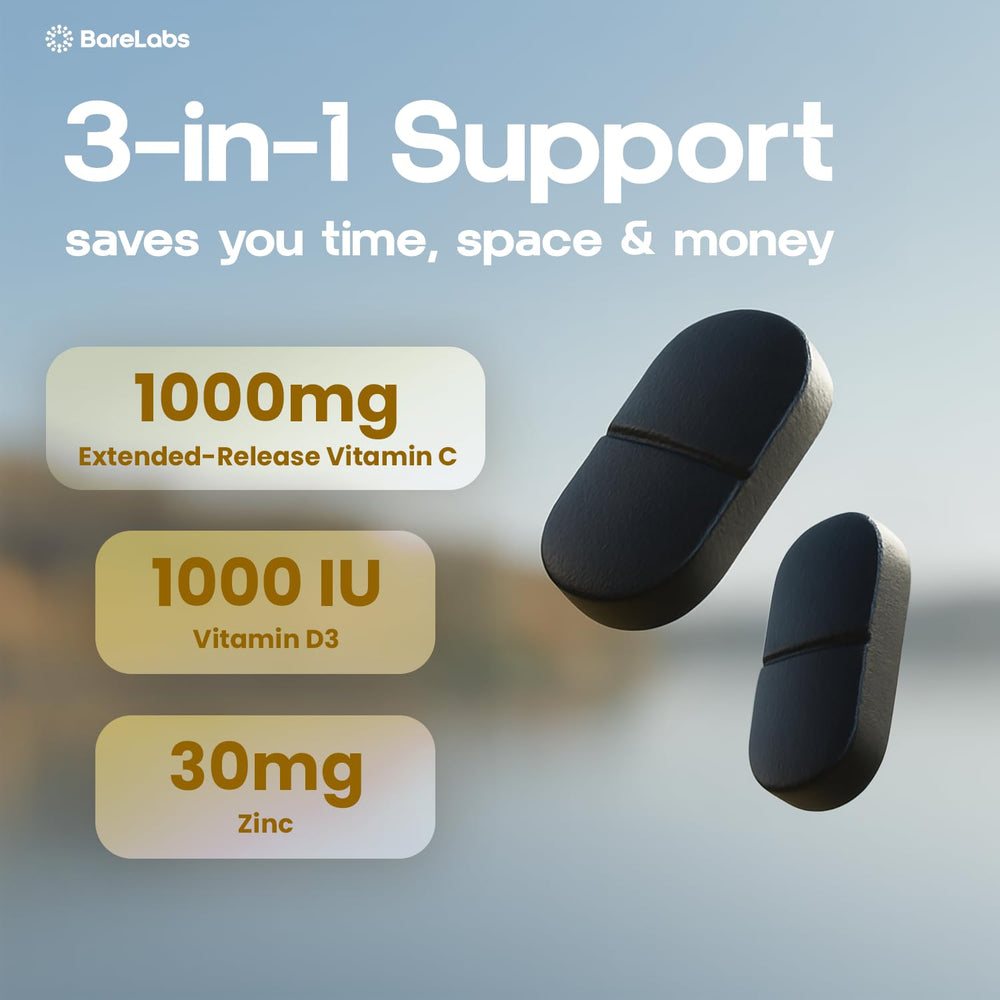 BareLabs Time Release bottle label with Vitamin C, D3, and Zinc blend.