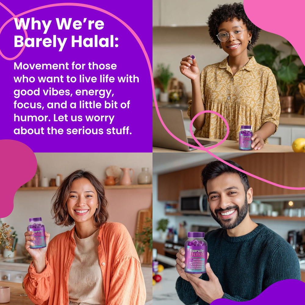 Barely Halal Shilajit Gummies label highlights vegan and halal certifications
