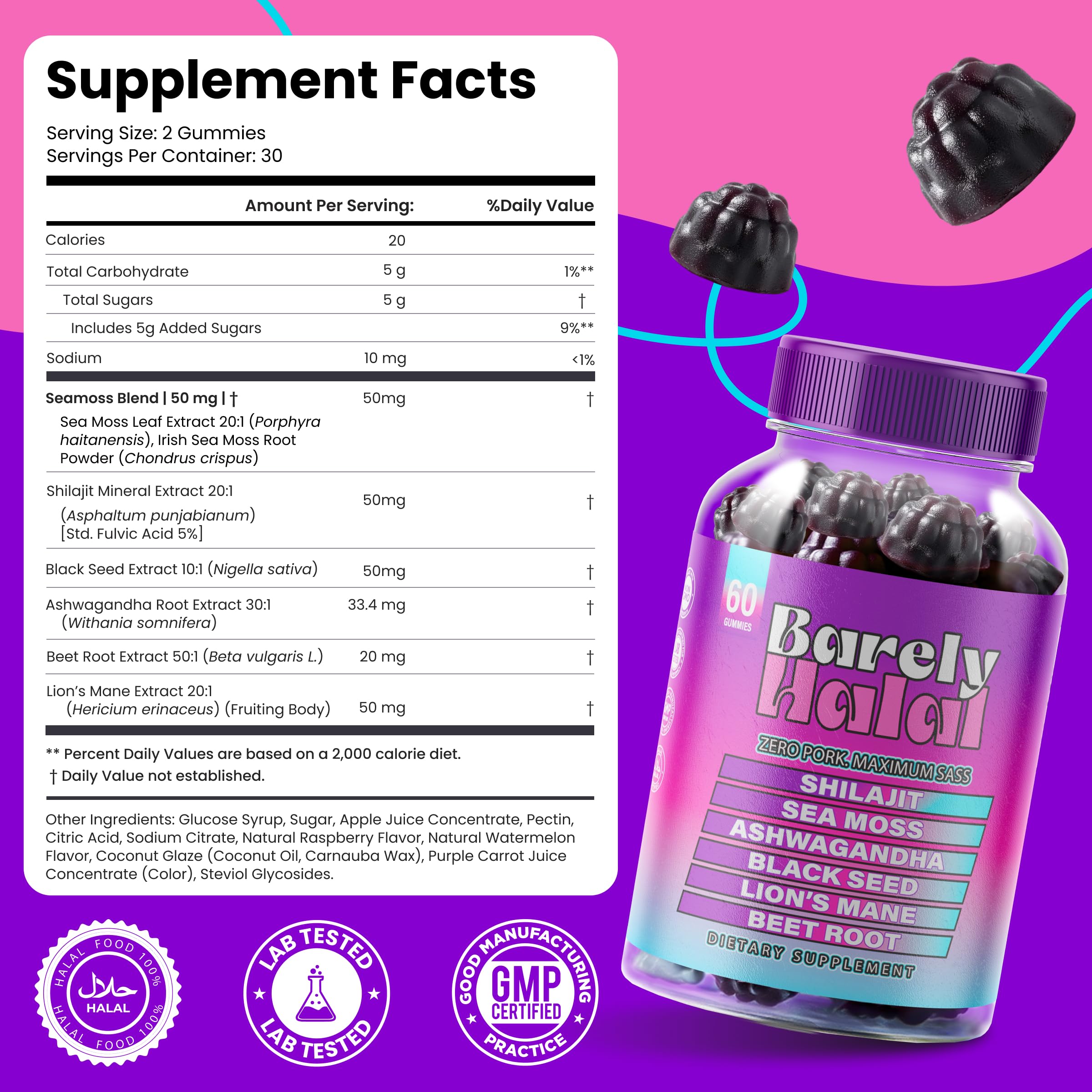Barely Halal Shilajit Gummies ingredients scene with ashwaganda and beet root