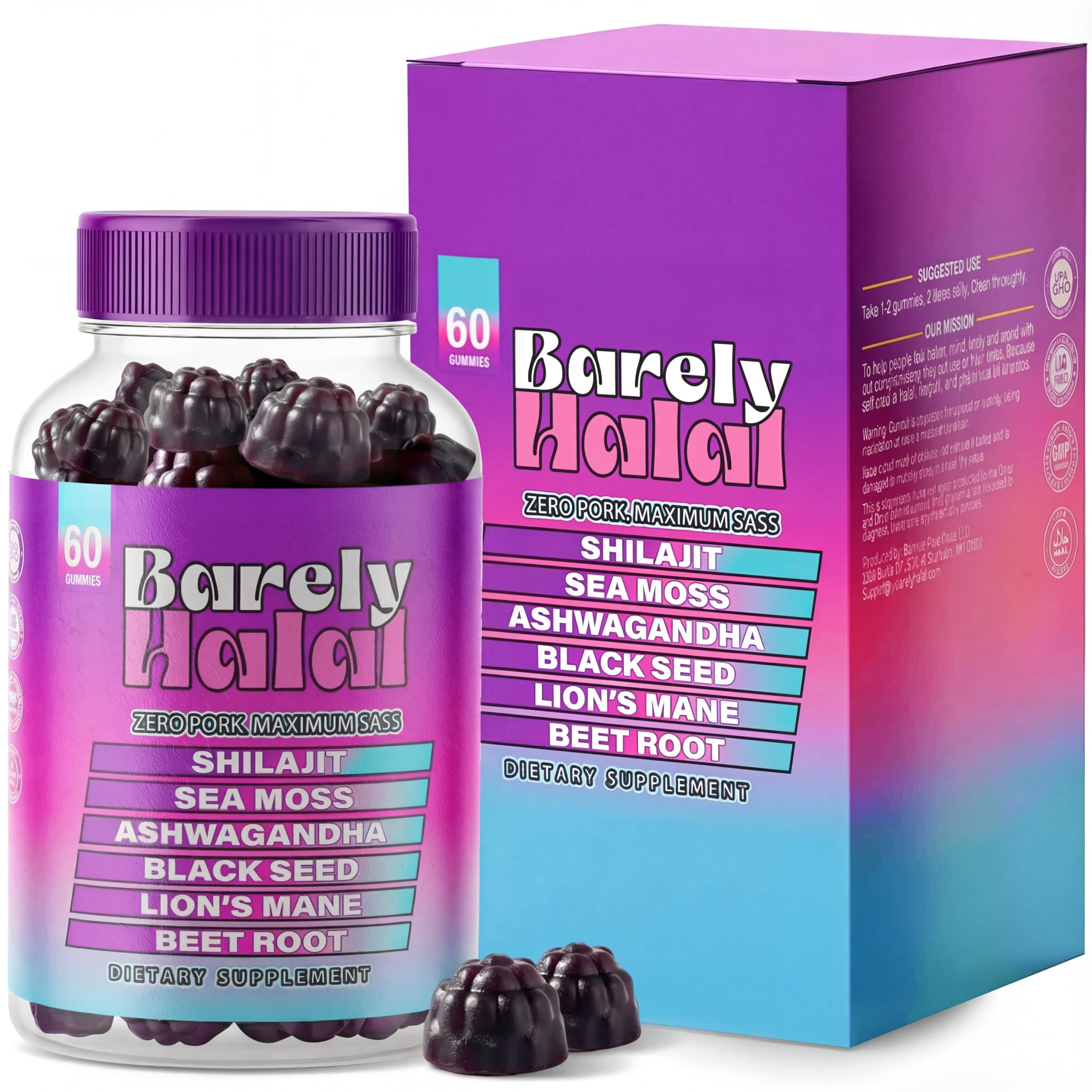 Barely Halal Shilajit Gummies packaging showing vegan energy support