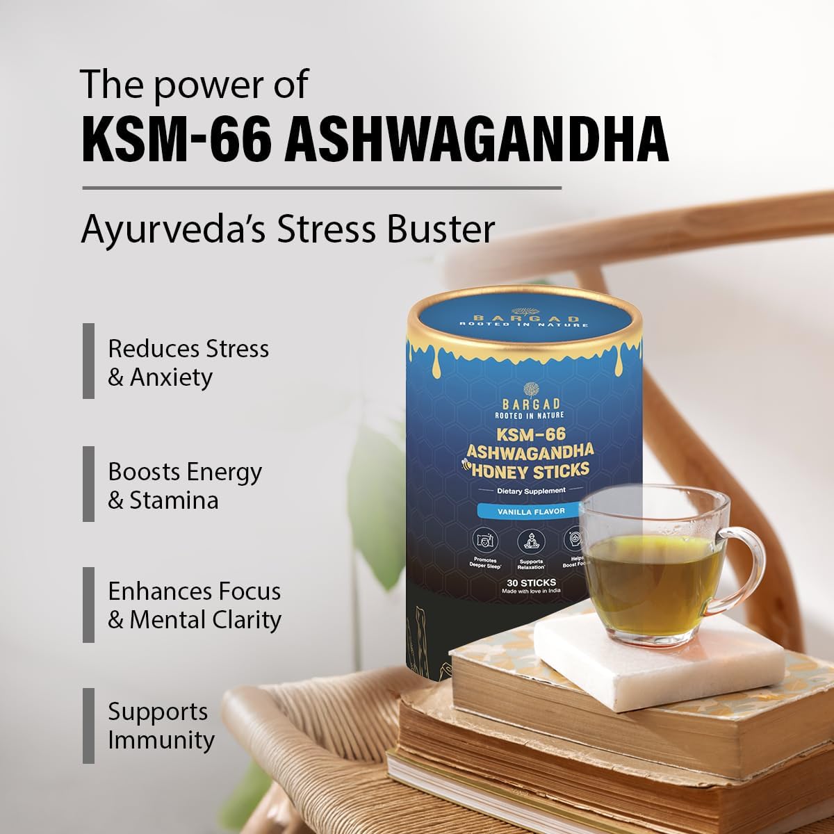 Bargad Ashwagandha honey sticks drizzle highlighting natural sweetness and energy support.