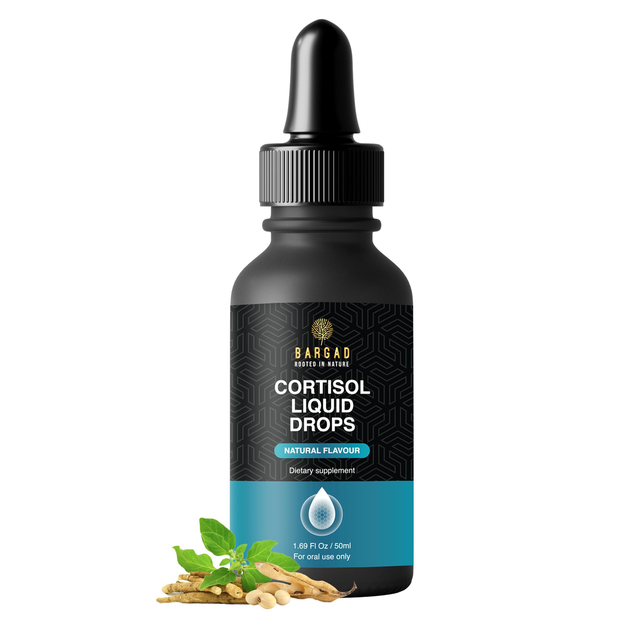 Bargad Cortisol Drops bottle showing calming herbal formula for daily stress support.