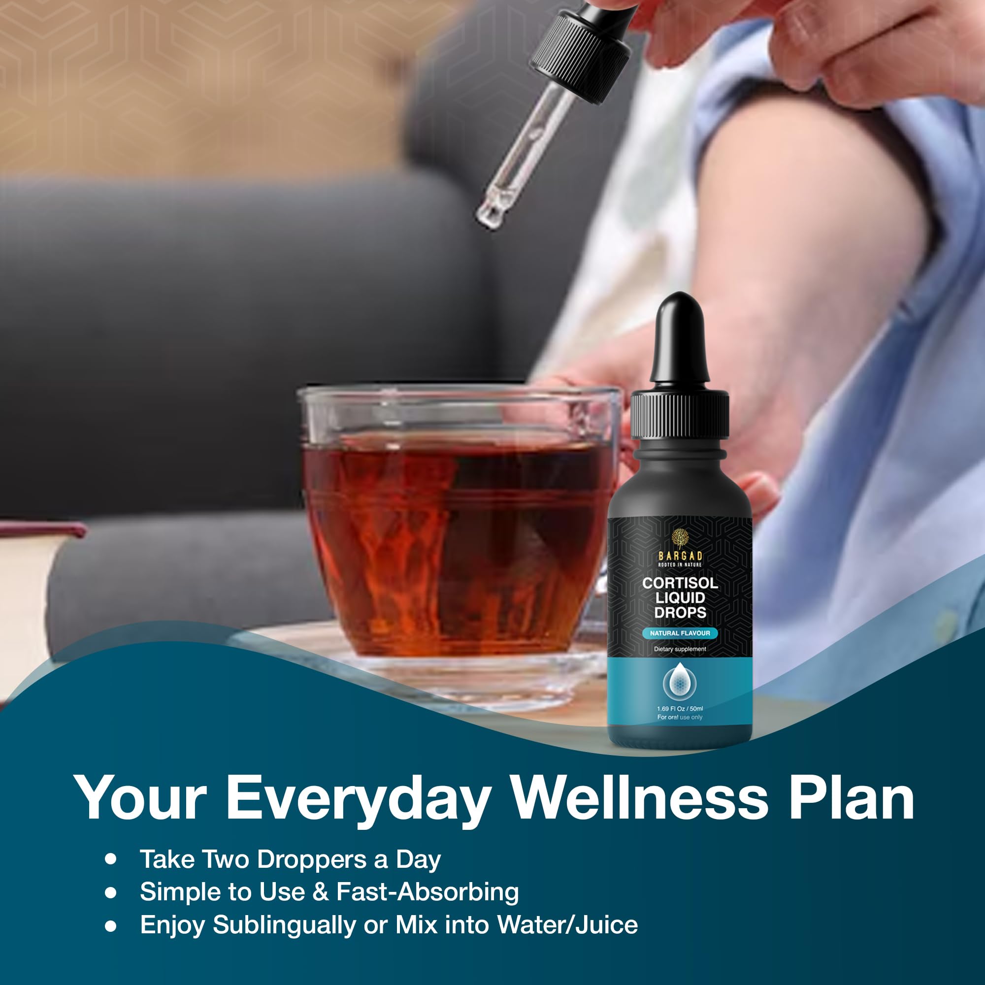 Bargad Cortisol Drops ingredients blend featuring calming herbs.