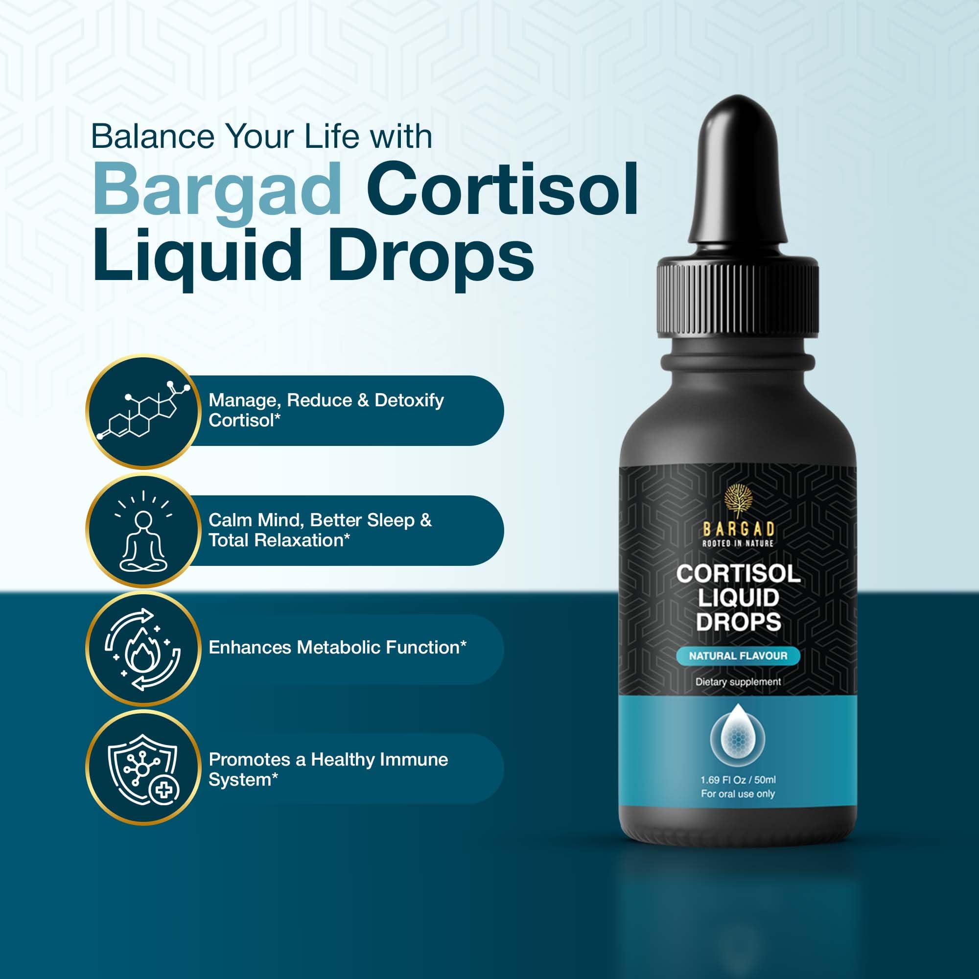 Bargad Cortisol Drops being poured into water for quick absorption.