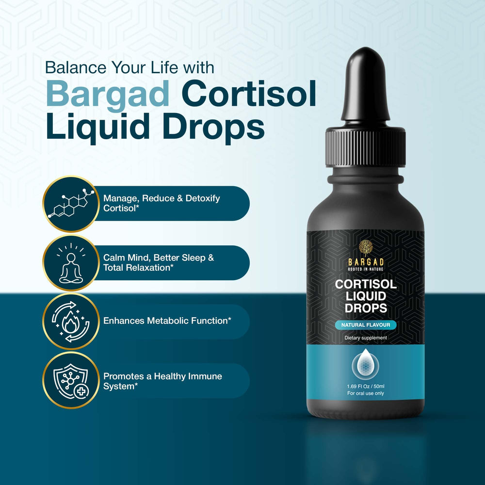 Bargad Cortisol Drops being poured into water for quick absorption.