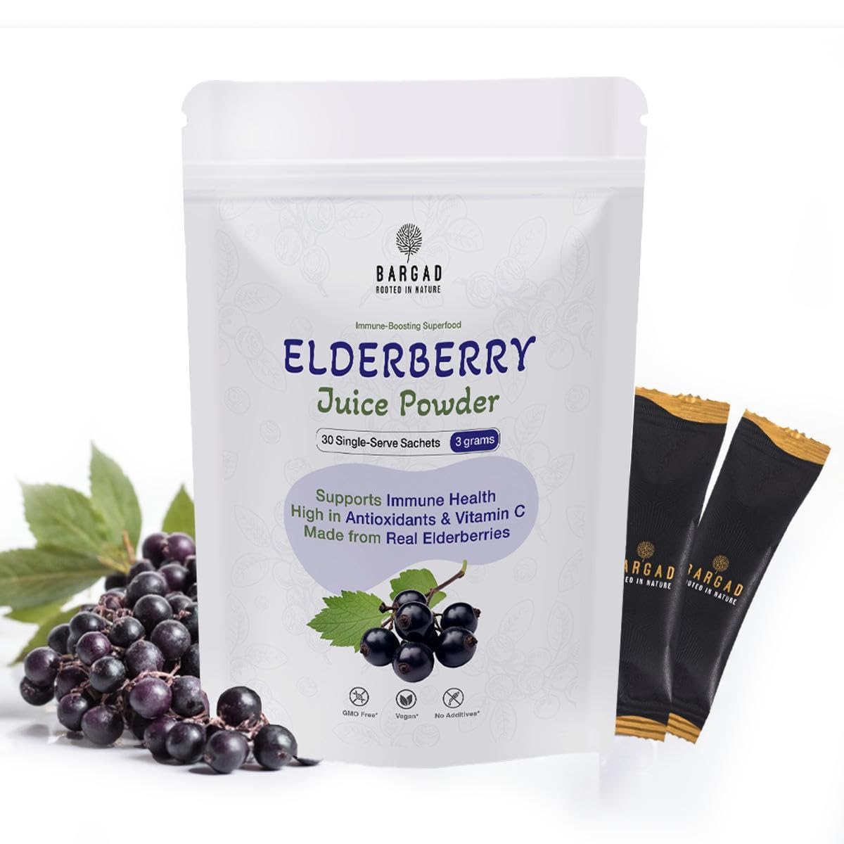 Bargad elderberry juice powder box front showing daily immune support