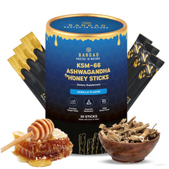 Bargad KSM-66 Ashwagandha honey sticks pack for daily calm and focus.