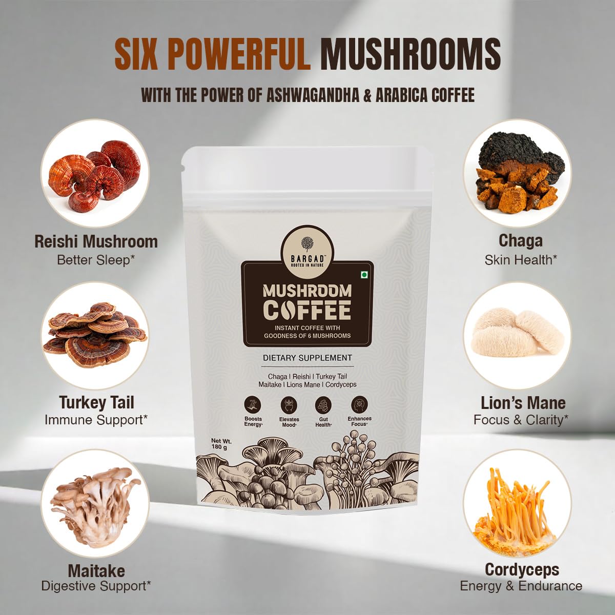 Steaming cup of Bargad Mushroom Coffee ready to energize the day.
