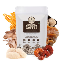 Bargad Mushroom Coffee packaging showing six adaptogens for focus.