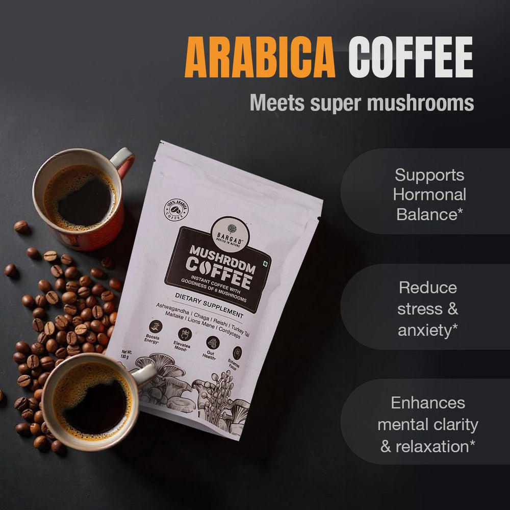 Close-up of Bargad mushroom coffee powder with scoop for quick prep.
