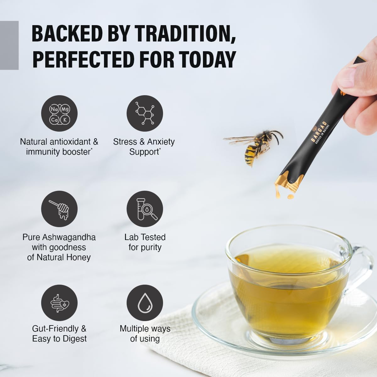 Bargad organic honey sticks bottle showcasing pure ingredients and no artificial additives.