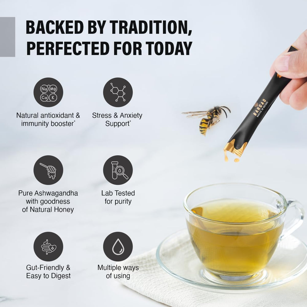 Bargad organic honey sticks bottle showcasing pure ingredients and no artificial additives.