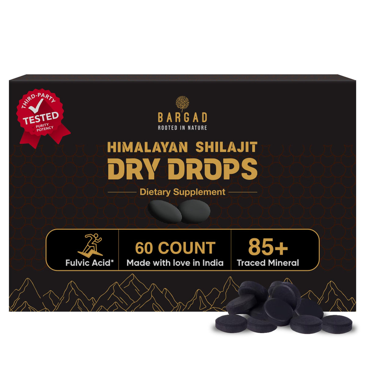 Bargad Shilajit Dry Drops bottle showing pure Himalayan resin for natural energy