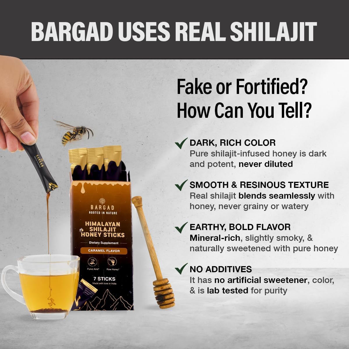 Natural crystallization detail on Bargad shilajit honey blend