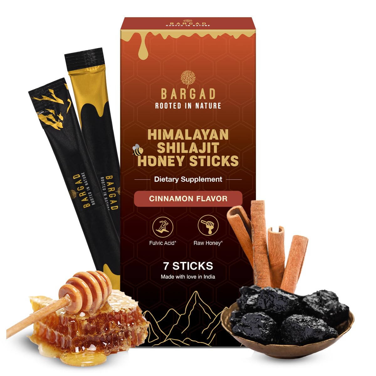 Bargad Shilajit Sticks packaging shows convenient single-serve sticks for on-the-go energy.
