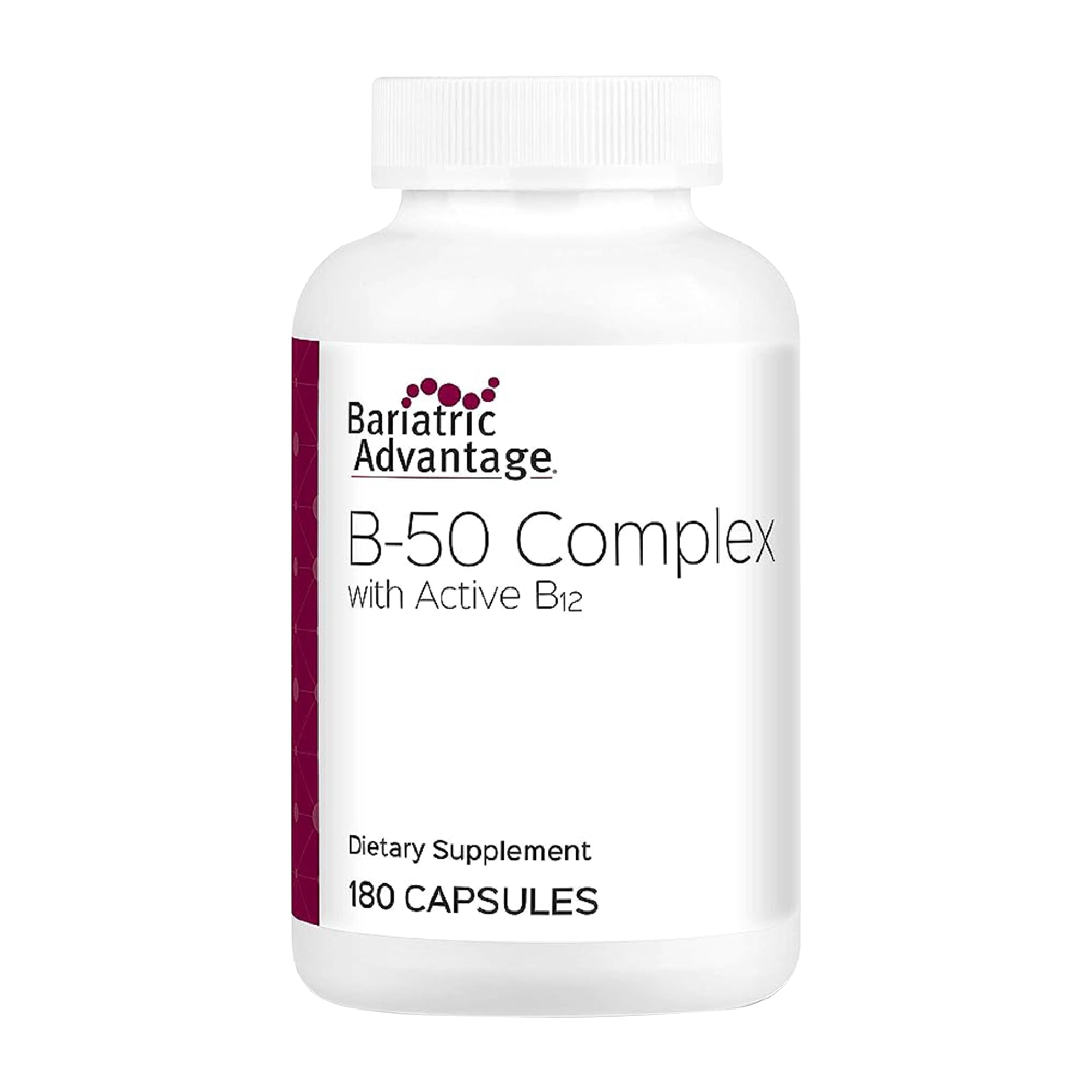 Bariatric Advantage B50 bottle displays high-potency B vitamins for post-surgery nutrition.
