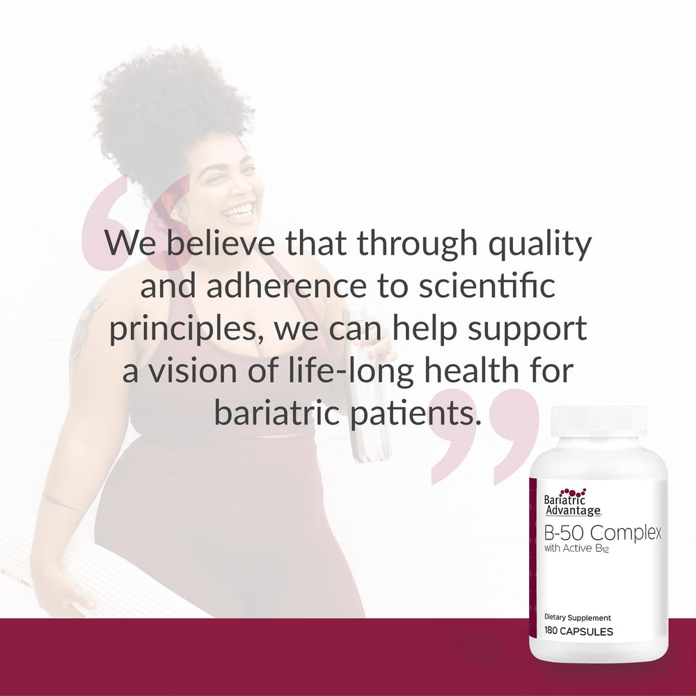 Bariatric Advantage B50 packaging highlights gastric bypass support and high-potency B vitamins.