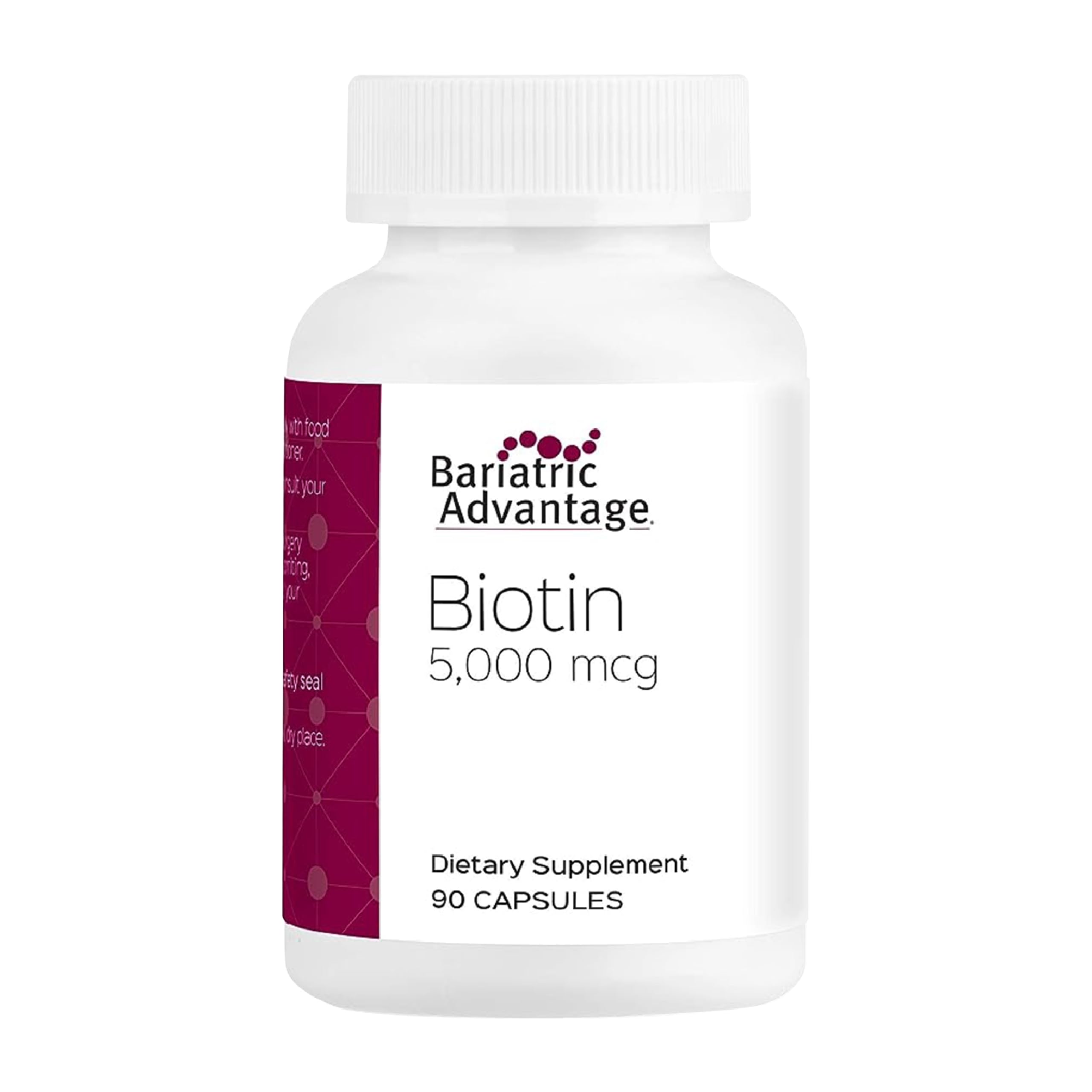 Bariatric Advantage Biotin 5000 mcg bottle supports post-surgery hair and nails.