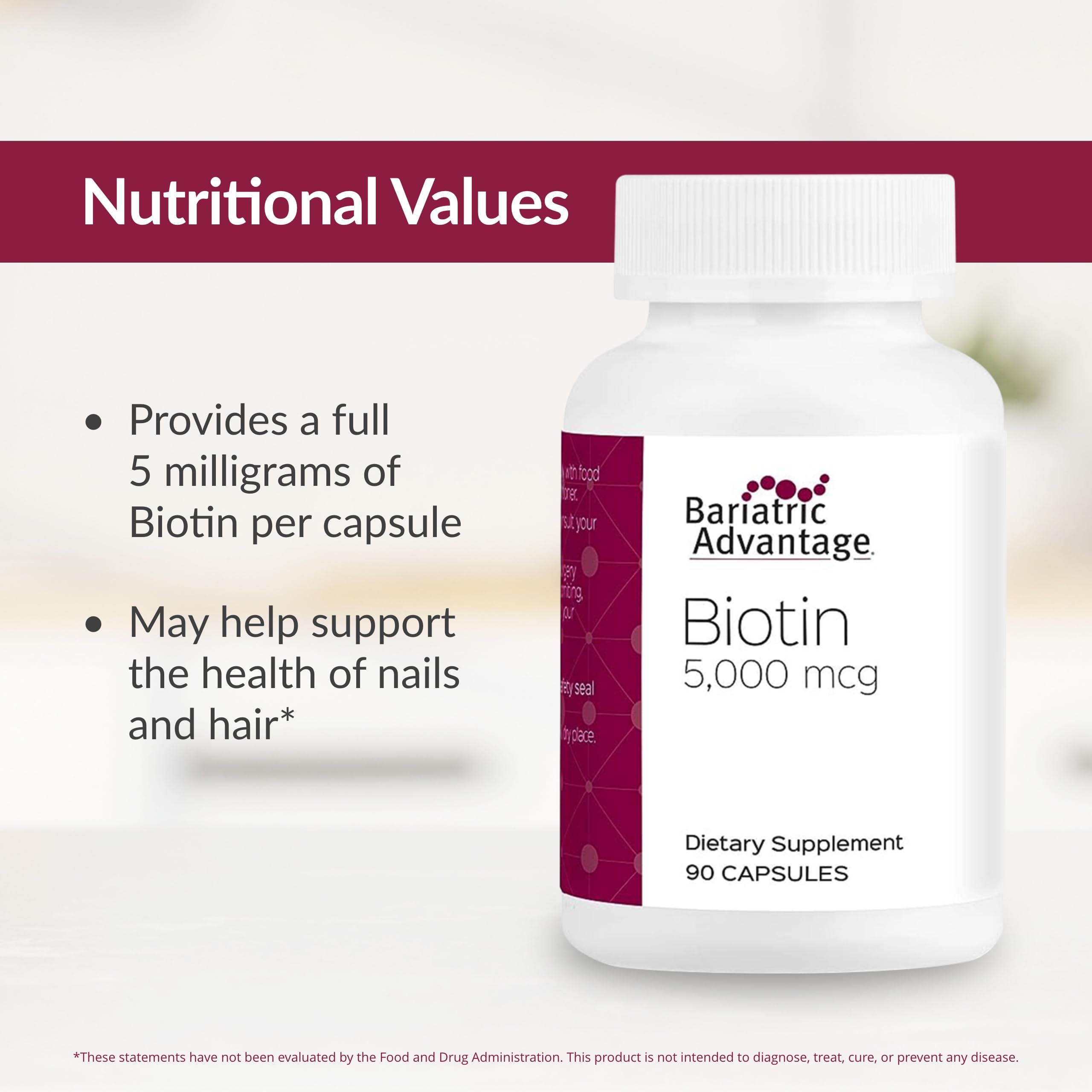90-count Bariatric Advantage Biotin packaging displayed for ongoing daily use.