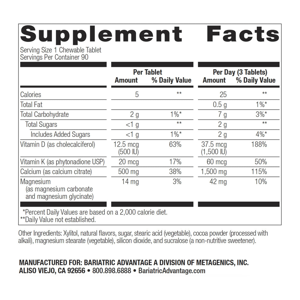 Close-up of Bariatric Advantage chewables showing chocolate flavor and soft texture.