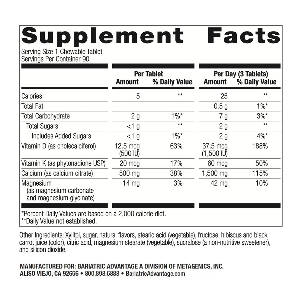 Bottle of Bariatric Advantage calcium citrate chewables with wild cherry flavor