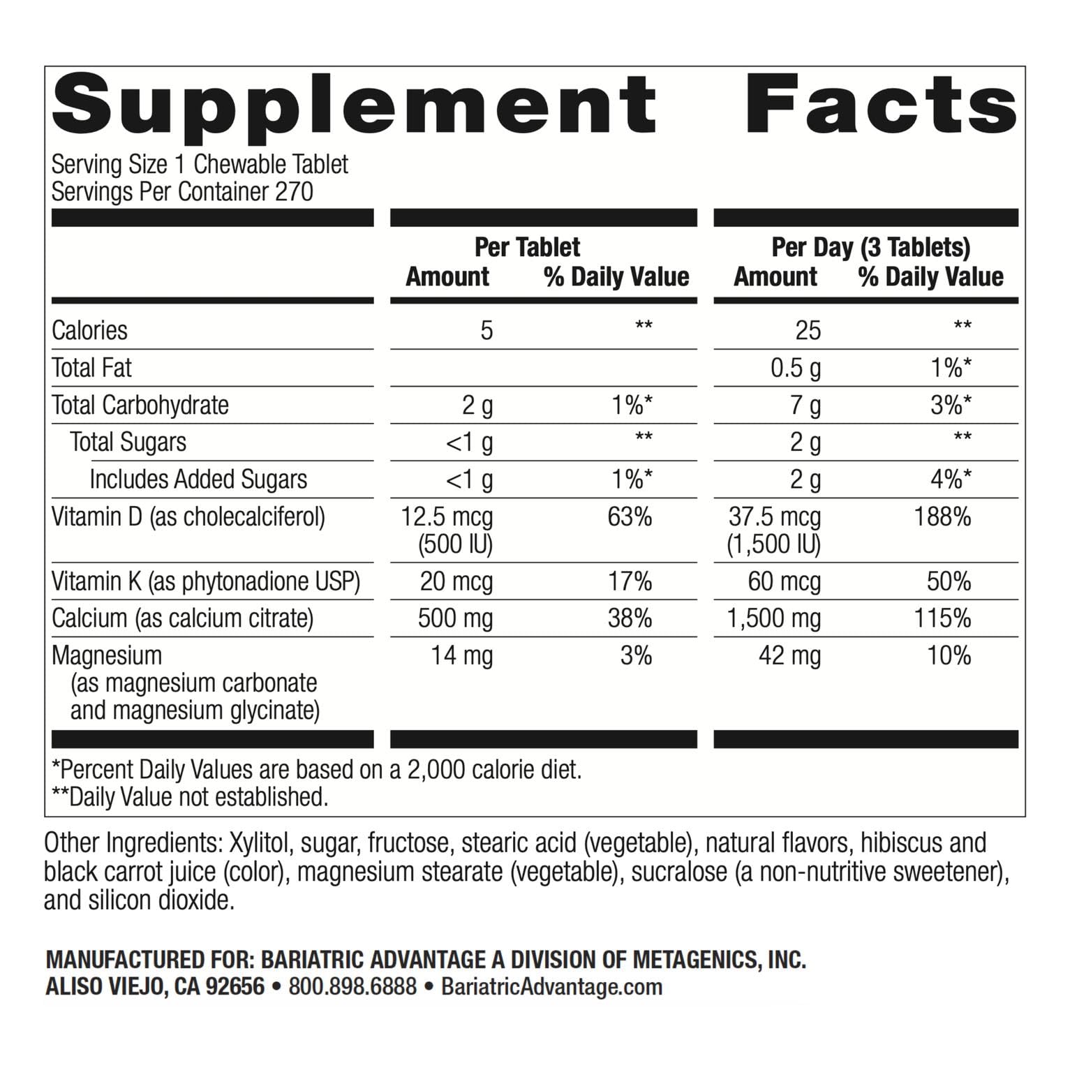 Bariatric Advantage chewable tablets closeup, 500 mg calcium citrate for post-surgery nutrition