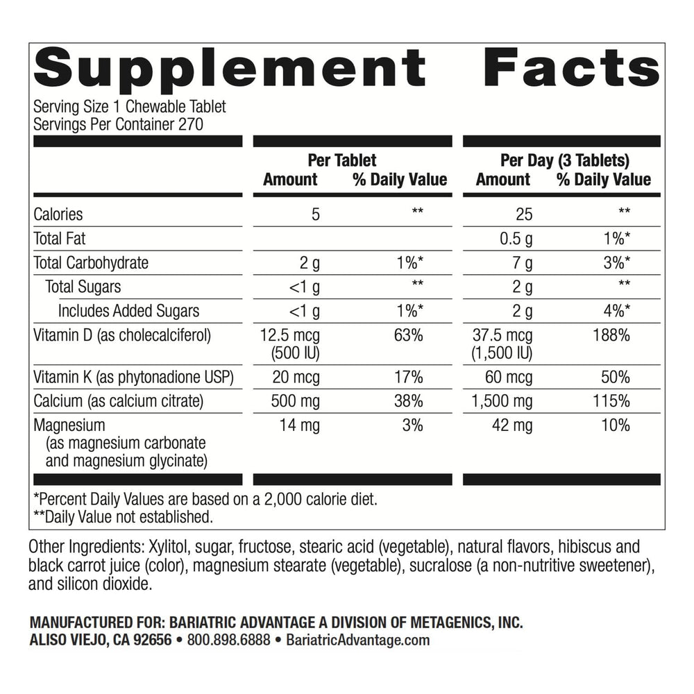 Bariatric Advantage chewable tablets closeup, 500 mg calcium citrate for post-surgery nutrition