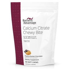 Bariatric Advantage Calcium Citrate Chewy Bites bottle showing convenient digestible calcium with vitamin D3.