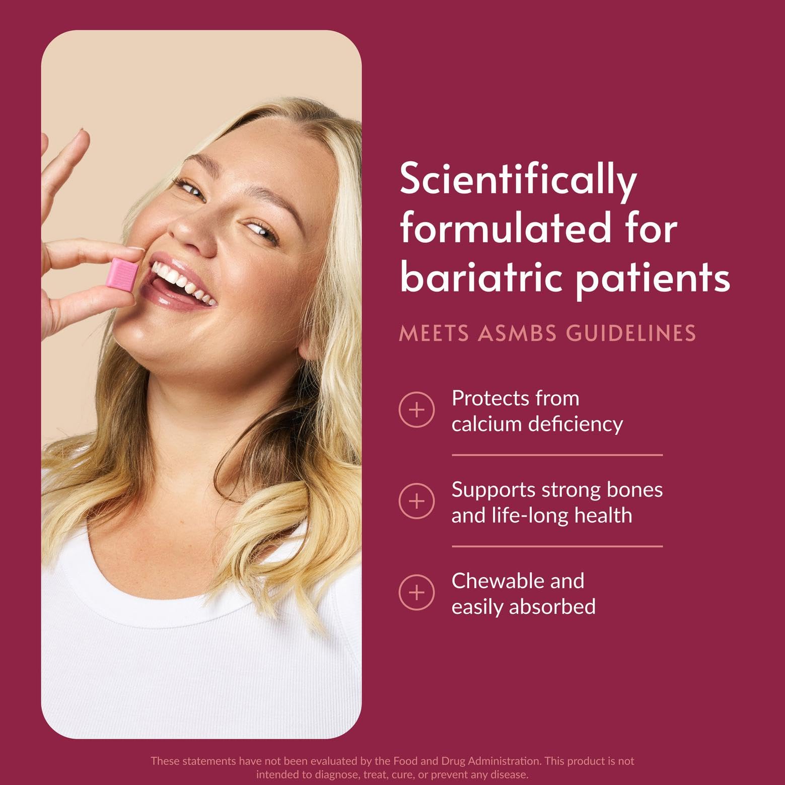 Bariatric Advantage Calcium Citrate Chewy Bites nutrition label close-up highlighting calcium and D3.