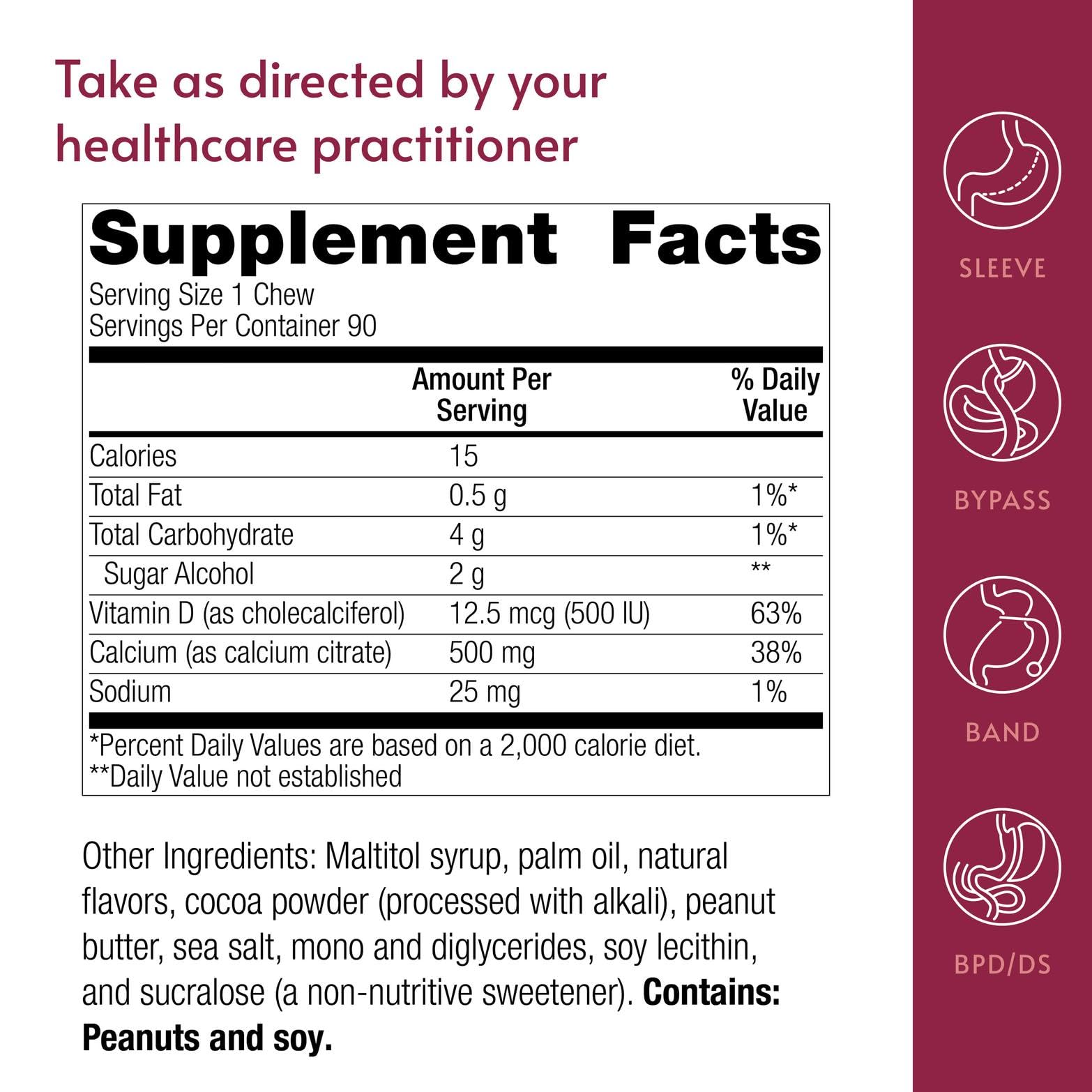 Bariatric Advantage Calcium Citrate Chewy Bites packaging label with nutrition details.