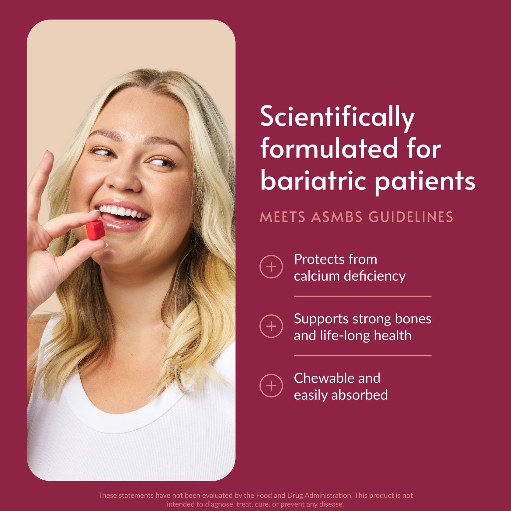 Close-up of Bariatric Advantage raspberry chews, offering tasty, convenient calcium.