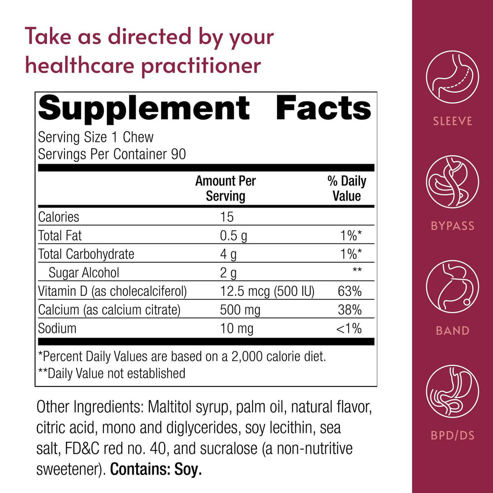 Unwrapped chew with label visible, showing portable, sugar-free calcium with vitamin D3