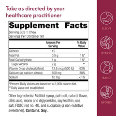 Unwrapped chew with label visible, showing portable, sugar-free calcium with vitamin D3