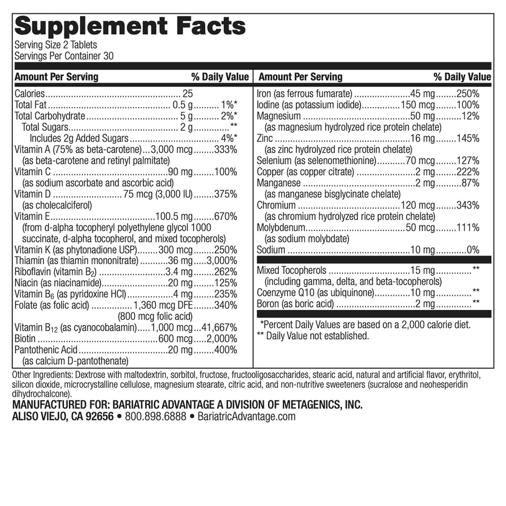 Two Bariatric Advantage chewables shown for daily nutrient intake