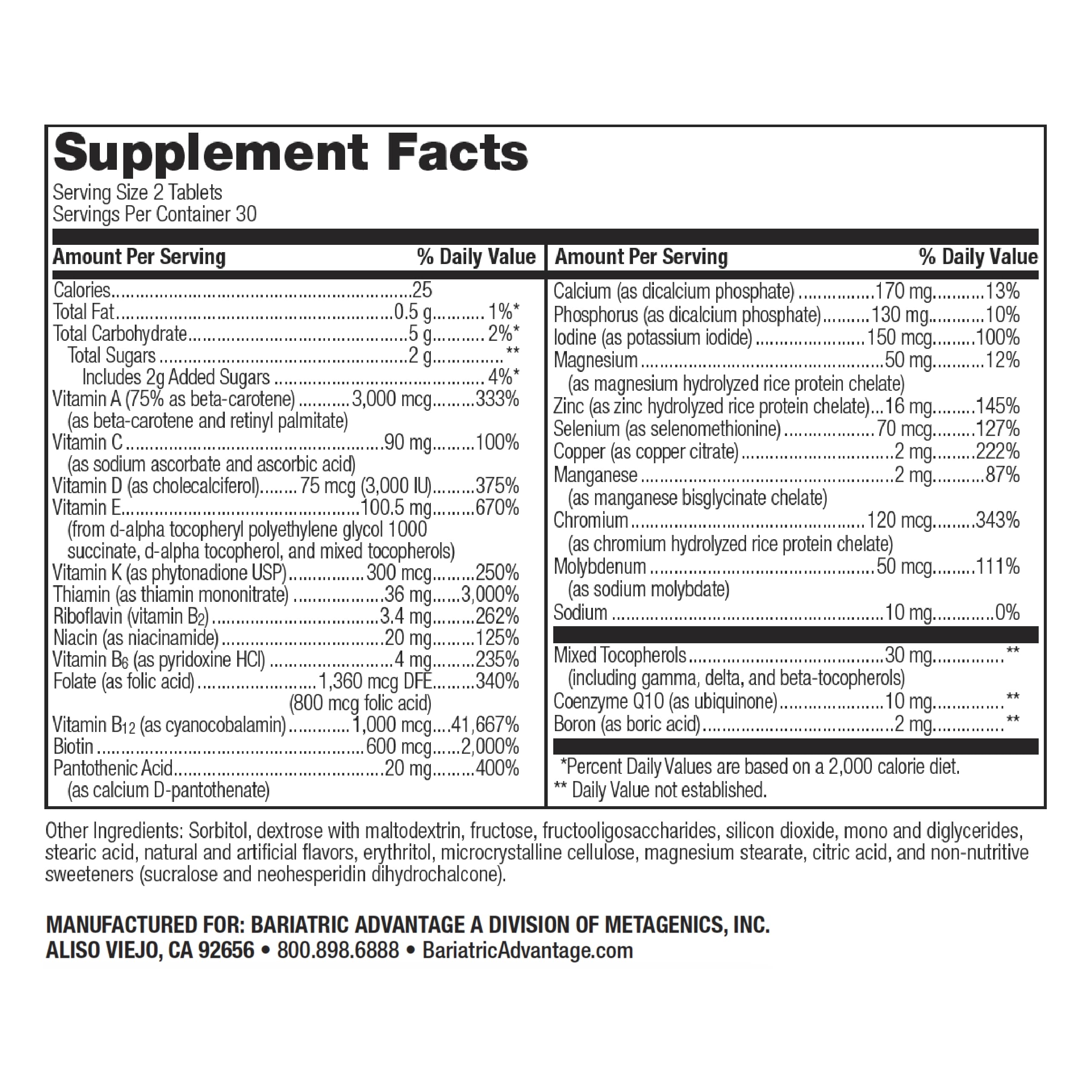 Bariatric Advantage chewable tablets close-up highlighting high-potency nutrition without iron.