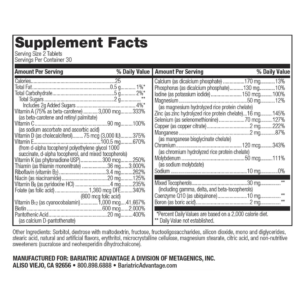 Bariatric Advantage chewable tablets close-up highlighting high-potency nutrition without iron.