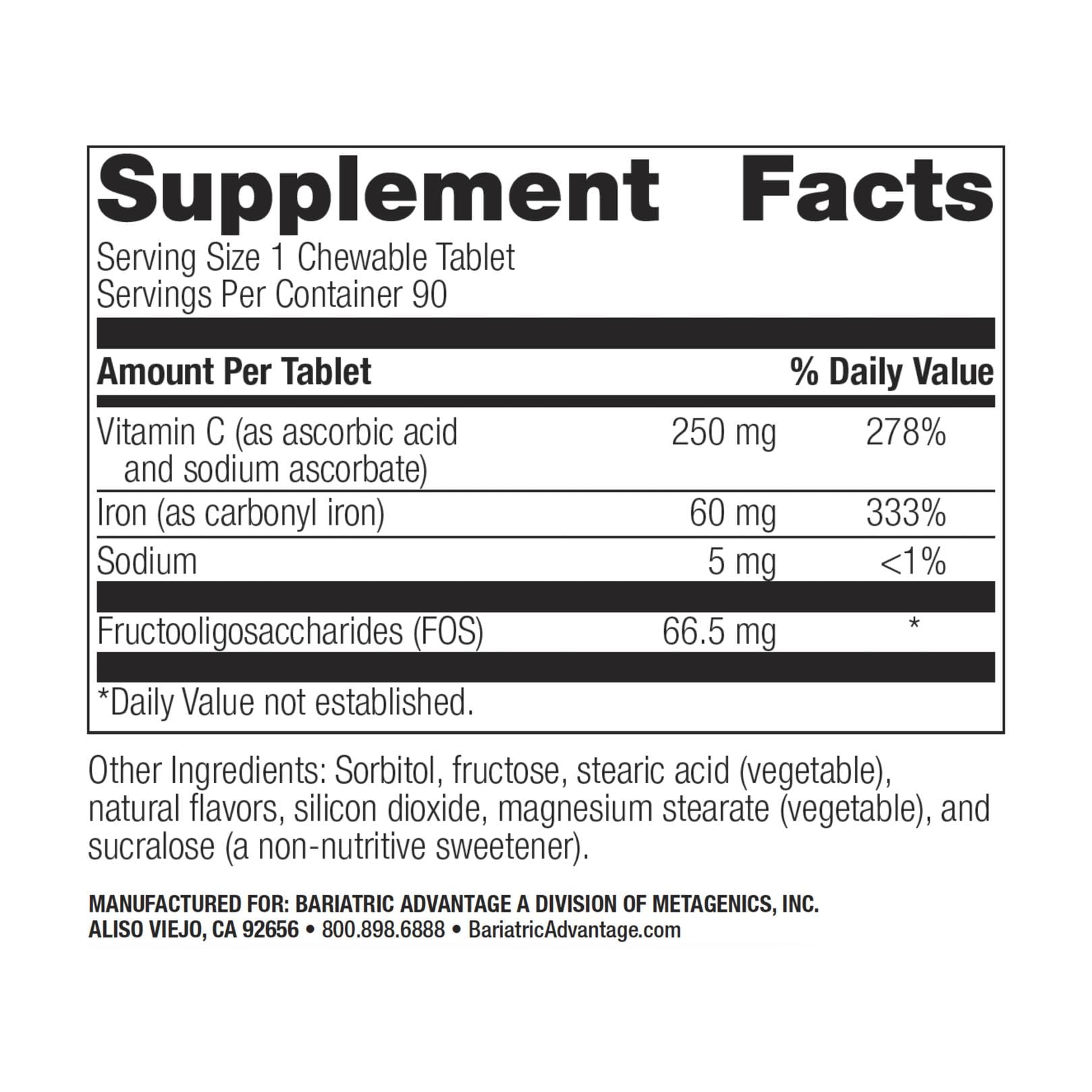 Bariatric Advantage chewable iron 60 mg tablet close-up.