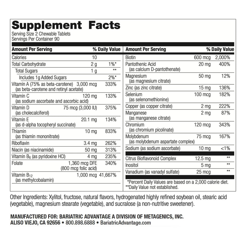 Bariatric Advantage chewable tablets close-up shows texture for easy consumption.