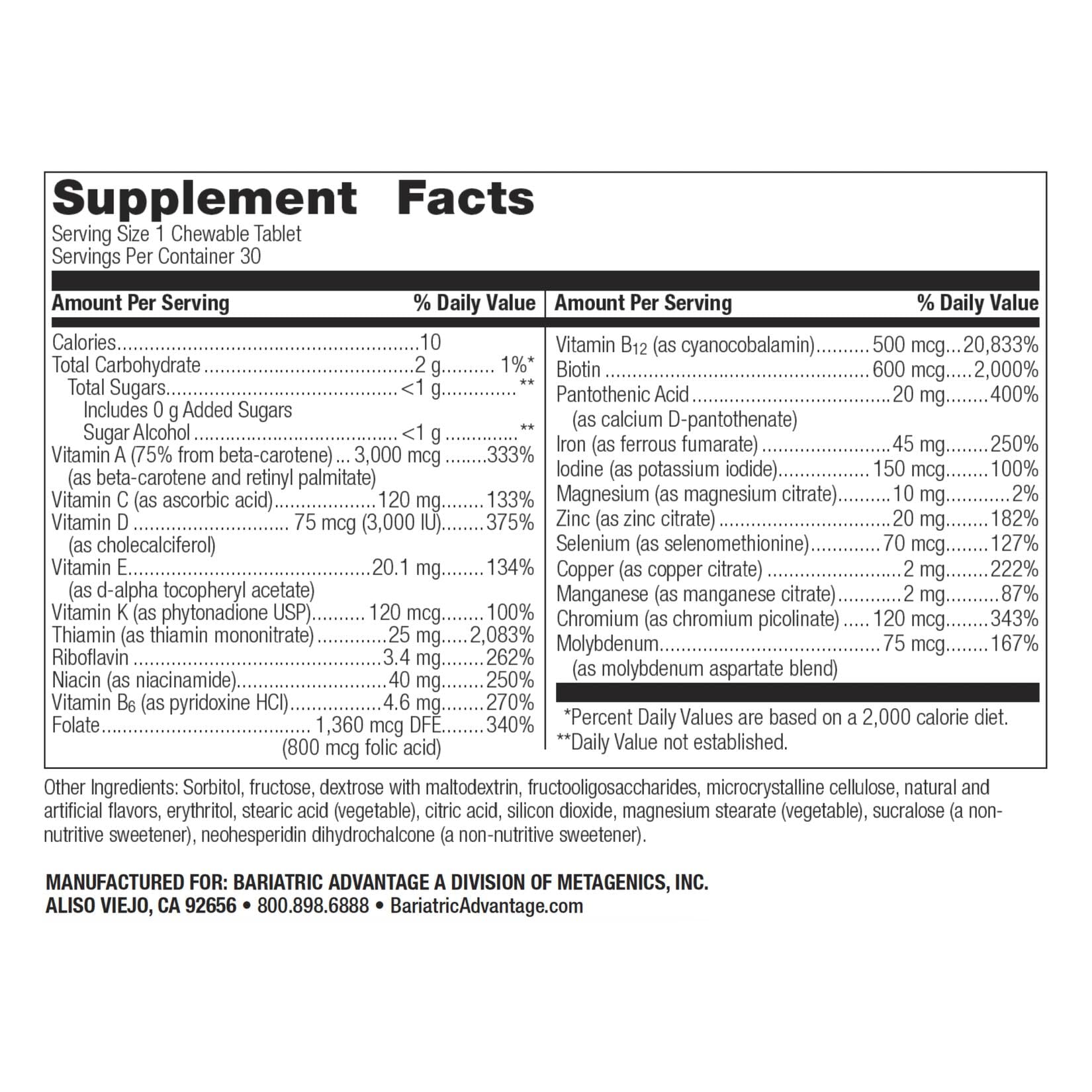 Bariatric Advantage chewable Ultra Solo iron bottle label highlights gluten-free formula.