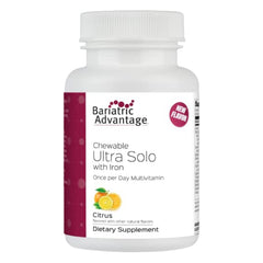 Bariatric Advantage chewable Ultra Solo iron front bottle shows citrus flavor for daily nutrition.